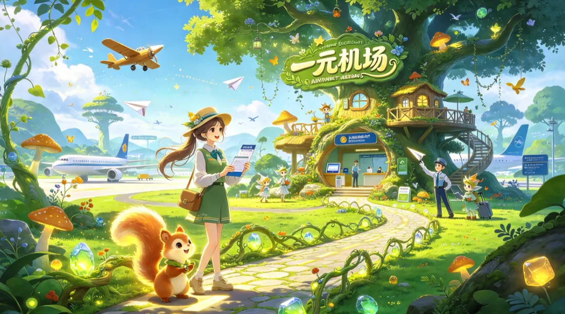 森林树屋小机场与松鼠的童话风插画